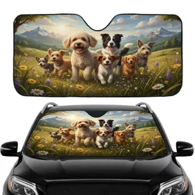 Poodle Mix Border Collie Spaniel Mix Dogs Wildflower Mountain Landscape Car Upgrade for Dog Lovers Car Sunshade