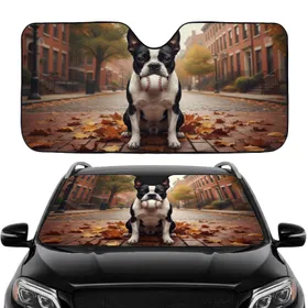 Boston Terrier Dog Baseball Autumn Urban Scene - Car Interior Upgrade Dog Lover Gift Car Sunshade