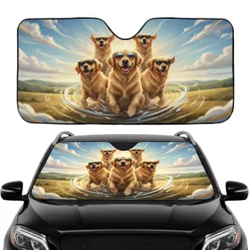 Jubilant Golden Retrievers with Sunglasses - Road Trip Gift for Dog Lover Car Sunshade
