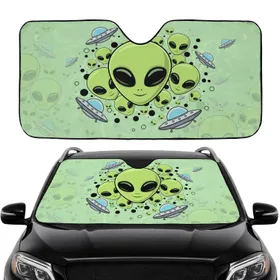 Vibrant Green Alien Heads Flying Saucers Cosmic Field - Commute Accessory Car Sunshade