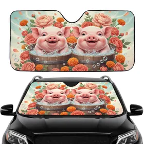 Plump Baby Pigs Wooden Buckets Garden Flowers - Farmhouse Decor Gift for Pig Lover Car Sunshade