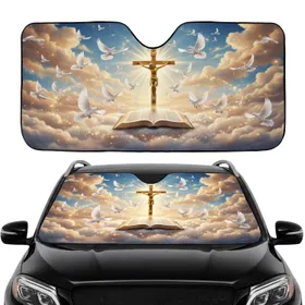 Golden Crucifix Jesus Doves Bible Clouds - Faithful Living Spiritual Gift Car Sunshade