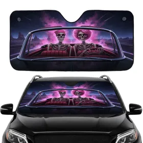 Pink Wig Skeleton Vintage Convertible Night Sky Road Trip Gift for Car Lovers Car Sunshade