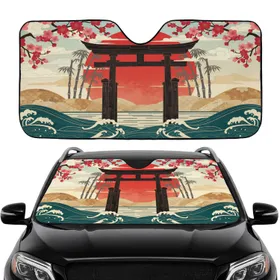 Japanese Torii Gate Rising Sun Cherry Blossom Bamboo Seigaiha - Travel Essentials Car Sunshade