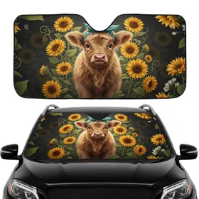 Baby Highland Cow Sunflowers Floral - Farmhouse Decor Gift for Cow Lover Car Sunshade