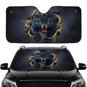 Roaring Black Jaguar Electric Blue Spots Molten Gold Splashes - Big Cat Lover Gift Car Sunshade