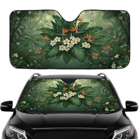 Lush Tropical Foliage Banana Leaves Plumeria Bird of Paradise Flowers - Car Decor Gift Car Sunshade