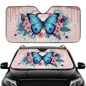 Blue Morpho Butterfly Plumeria Flowers Botanical Leaves - Nature Lover Gift Car Sunshade