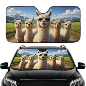 Smiling Alpacas Yellow Sunglasses Green Fields - Wildlife Lover Road Trip Gift Car Sunshade