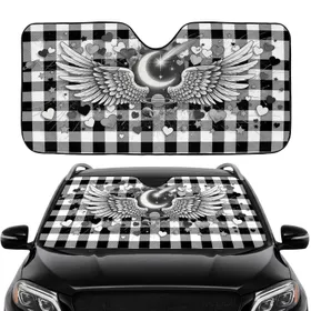 Majestic Angel Wings Crescent Moon Ringed Planet Buffalo Plaid - Celestial Lover Gift Car Sunshade
