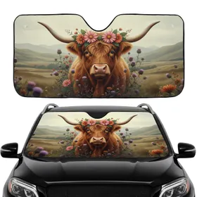Highland Cow Floral Crown Wild Thistle Scottish Hills - Farmhouse Decor Cow Lover Gift Car Sunshade
