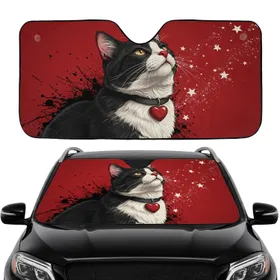 Black Cat Red Heart White Stars - Auto Interior Gift for Cat Lovers Car Sunshade