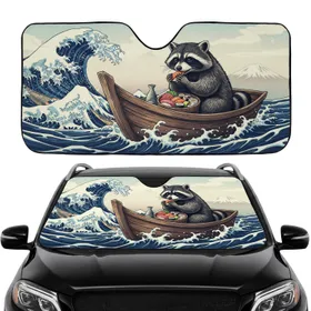 Raccoon Japanese Sushi Boat Great Wave Mount Fuji - Japanese Art Lover Gift Car Sunshade