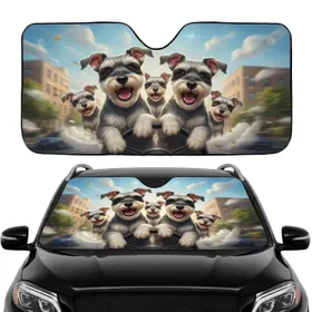 Five Schnauzer Dogs Urban City Scene - Essential Auto Gift for Pet Lovers on Road Trips Car Sunshade