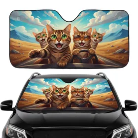 Five Excited Bengal Cats Driving Adventure - Cat Lover Gift Car Sunshade