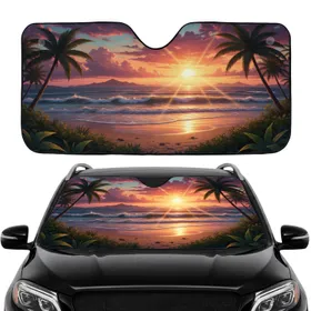 Tropical Sunset Ocean Beach Palm Tree Waves - Travel Essentials for Beach Lovers Car Sunshade