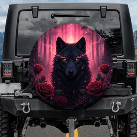 Black Wolf Glowing Eyes Red Roses Fantasy Forest - Wildlife Lover Gift Spare Tire Cover