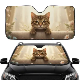 Tabby Cat Curious Golden Eyes Peeking Ledge - Car Decor Gift for Cat Lover Car Sunshade
