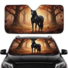 Majestic Black Horse Autumn Forest - Wildlife Lover Gift Car Sunshade