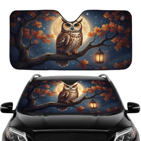 Owl Full Moon Gnarled Branch Autumn Leaves Antique Lantern - Wildlife Lover Gift Car Sunshade
