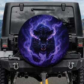 Black Panther Piercing Neon Purple Eyes Purple Smoke Cosmic Nebulae - Fantasy Lover Wildlife Gift Spare Tire Cover