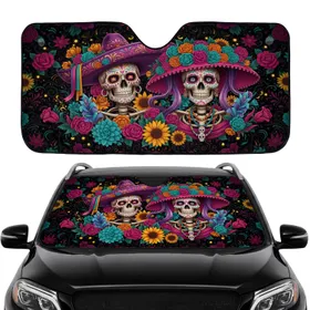 Male Female Sugar Skull Sombrero Calaveras Mexican Flowers Car Sunshade
