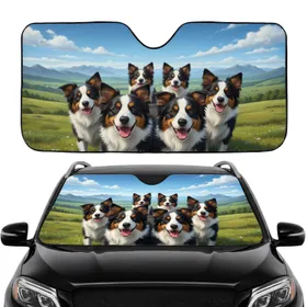 Smiling Border Collie Pack Scenic Road Trip - Dog Lover Gift for Travel Enthusiasts Car Sunshade