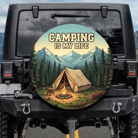 Camping is My Life Rustic Mountain Scene - Outdoor Adventure Gift Spare Tire Cover