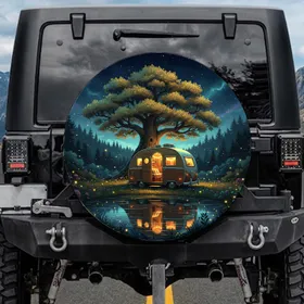 Vintage Camper Van Glowing Tree Pond Starry Night - Camping Lifestyle Gift for Camper Spare Tire Cover