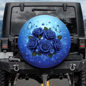 Deep Blue Roses Sapphire Gems Blue Morpho Butterflies - Nature Lover Car Decor Gift Spare Tire Cover