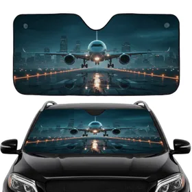 Jet Airliner Wet Runway Night City - Aviation Lover Travel Essentials Car Sunshade