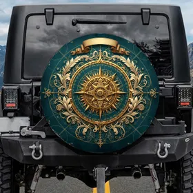 Golden Brass Compass Rose Acanthus Filigree - Explorer Travel Gift Spare Tire Cover