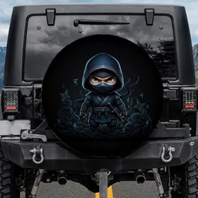 Chibi Ninja Character Dark Hooded Adventure Gear for Ninja Lovers Spare Tire Cover