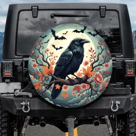 Black Raven Autumn Flowers Bats Full Moon - Wildlife Lover Gift Spare Tire Cover