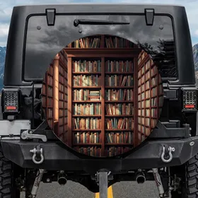 Expansive Dark Wooden Bookshelf Colorful Books - Academic Car Decor Gift for Readers Spare Tire Cover