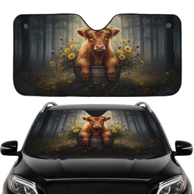 Highland Cow Calf Wildflower Forest - Farmhouse Decor Gift for Cow Lover Car Sunshade