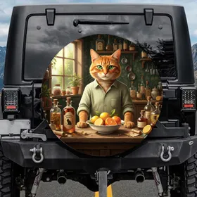 Orange Tabby Cat Apothecary Counter Lemons Oranges Car Decor Gift Spare Tire Cover
