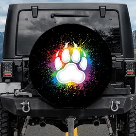 Bold White Bear Claw Paw Print Vibrant Rainbow Splatter Black Background - Wildlife Lover Gift Spare Tire Cover