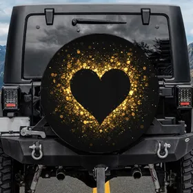 Deep Black Heart Sparkling Golden Bokeh Lights - Romantic Luminous Gift for Her Spare Tire Cover