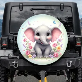 Baby Elephant Flowers Butterfly - Nursery Decor Gift for New Parents Spare Tire Cover
