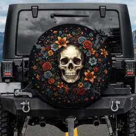 Realistic Human Skull Blooming Flower Wreath - Gothic Car Decor Macabre Art Lover Gift Spare Tire Cover