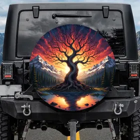 Ancient Tree Gnarled Roots Snowy Mountain Reflecting Lake Sunset - Outdoor Enthusiast Gift Spare Tire Cover