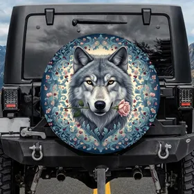 Grey Wolf Pink Rose Midnight Blue Ivory Baroque Floral Vine Arabesque - Wildlife Lover Gift Spare Tire Cover