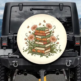 Vintage Book Stack Daisy Flowers Butterfly - Cottagecore Car Decor Gift Spare Tire Cover