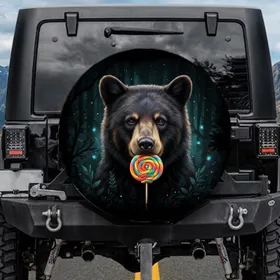 Realistic Black Bear Cub Vibrant Swirl Lollipop Luminous Dark Forest - Wildlife Lover Gift Spare Tire Cover