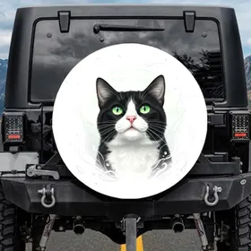 Curious Black White Tuxedo Cat Luminous Green Eyes White Whiskers White Muzzle - Cat Lover Gift Spare Tire Cover