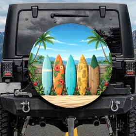 Five Vintage Surfboards Hawaiian Floral Pineapple Tropical Beach Scene - Travel Essentials Spare Tire Cover