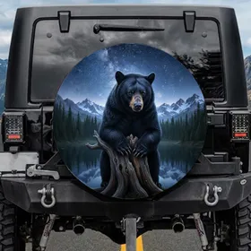 Majestic Realistic Black Bear Gnarled Log Forest Lake Mountain - Starry Night Gift Spare Tire Cover