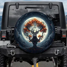 Majestic Stag Antlers Autumn Tree Full Moon - Nature Lover Gift Spare Tire Cover
