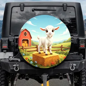 Fluffy Baby Goat Red Barn Hay Bale - Farmhouse Decor Gift for Goat Lover Spare Tire Cover
